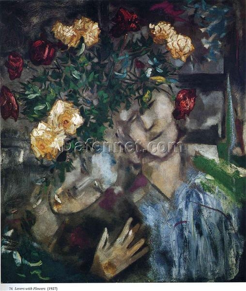 Marc Chagall Lovers with Flowers – Cubist Genre Painting, Oil on Canvas by Da Fen Oil Painting Village Studio