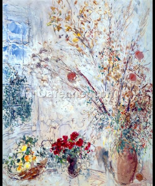 Marc Chagall Lunaria – 1967 Naïve Art Still Life Oil Painting, Floral Art, Private Collection