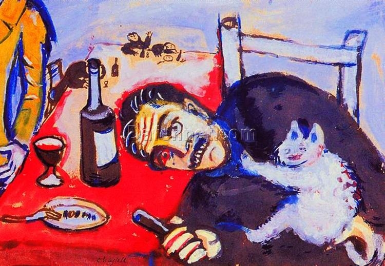 Hand-Painted Oil Painting Inspired by Marc Chagall’s ‘Man at Table’ – High-Quality Reproduction by Da Fen Oil Painting Village Studio