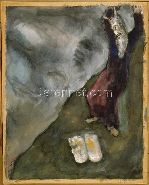 Marc Chagall Moses Breaks the Tablets of Law – 1931 Naïve Art Religious Gouache and Oil Painting, Private Collection