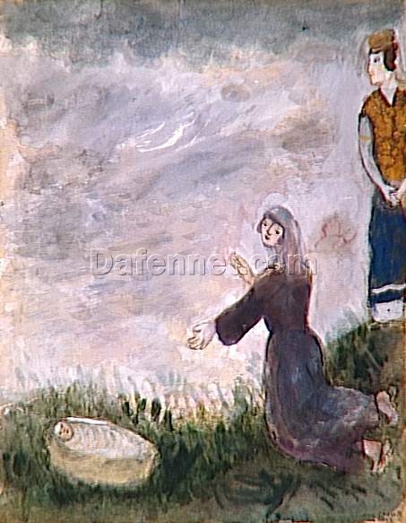 Marc Chagall Moses is Saved from the Water by Pharaoh’s Daughter – 1931 Naïve Art Religious Gouache and Oil Painting, Private Collection