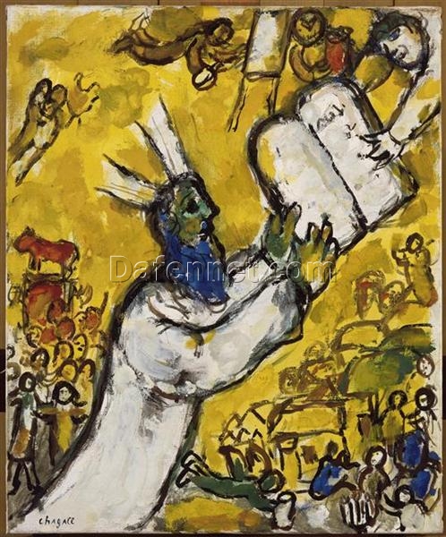 Marc Chagall Moses Receiving the Tablets of Law – c.1963 Naïve Art Charcoal & Oil on Paper, Religious Painting