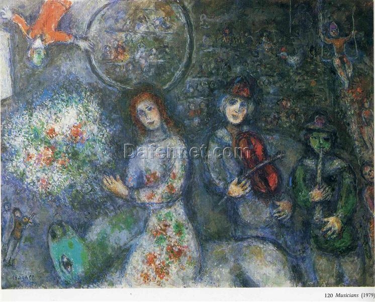 Marc Chagall Musicians – 1979 Naïve Art (Primitivism) Oil Painting, Vibrant Genre Scene of Musical Harmony