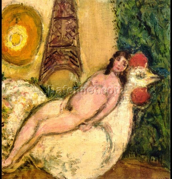 Marc Chagall Naked on a White Cock – Surrealist Nude Painting, Oil on Canvas