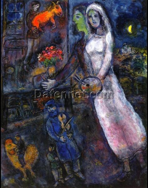 Marc Chagall Newlyweds and Violinist – 1956 Naïve Art Oil Painting on Canvas, Private Collection