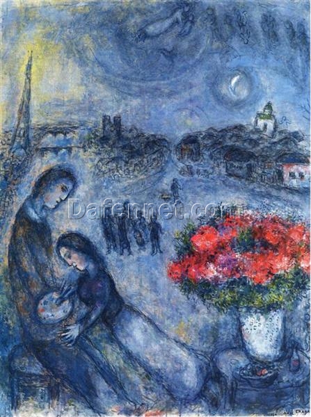 Marc Chagall Newlyweds with Paris in the Background – 1980 Surrealist Oil Painting, Romantic Genre Artwork, Parisian Love Scene