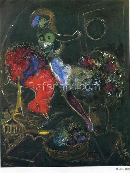 Marc Chagall Night – 1953 Surrealist Genre Oil Painting on Canvas, Private Collection