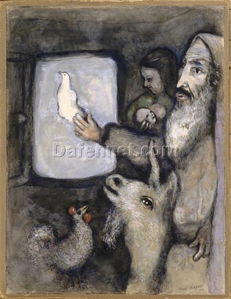 Marc Chagall Noah Lets Go the Dove Through the Window of the Ark (Noé lâche la colombe par la fenêtre de l’Arche) – 1931 Naïve Art Gouache and Oil on Paper