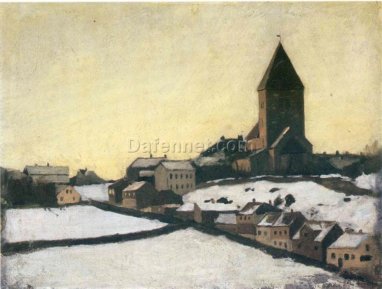 Hand-Painted Edvard Munch “Old Aker Church” Cityscape Oil Painting – Realism Reproduction by Da Fen Oil Painting Village Studio