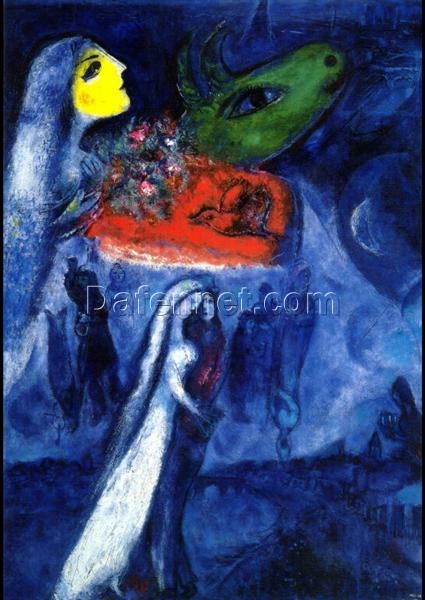 Marc Chagall On Two Banks – 1956 Naïve Art Genre Painting, Oil on Canvas