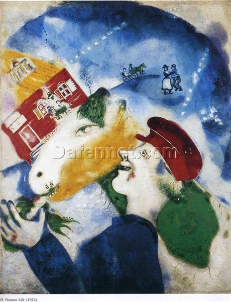 Marc Chagall Peasant Life – Cubism Genre Painting, Oil on Canvas