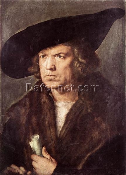 Hand-Painted Albrecht Dürer “Portrait of a Man with Beret and Scroll” Oil Painting – Northern Renaissance Portrait Reproduction by Da Fen Oil Painting Village Studio