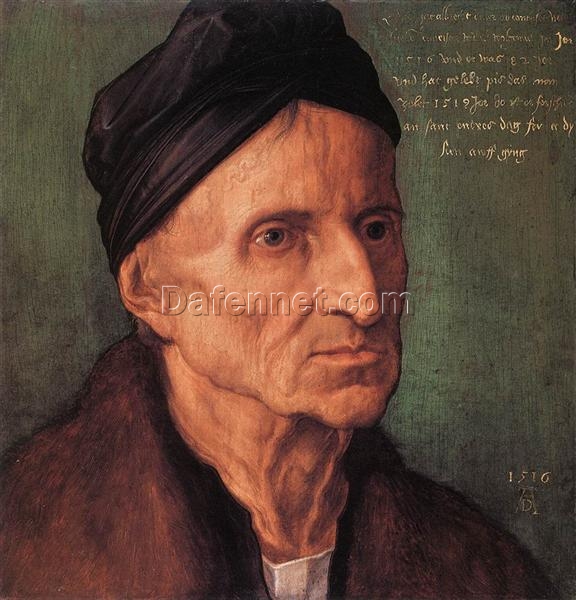 Hand-Painted Albrecht Dürer “Portrait of Nuremberger Painter Michael Wolgemut” Oil Painting – Northern Renaissance Portrait Reproduction by Da Fen Oil Painting Village Studio