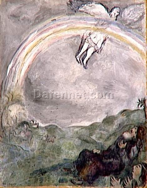 Marc Chagall Rainbow in the Sky, a Sign of Covenant Between God and Earth (L’Arc en Ciel, signe d’alliance entre Dieu et la Terre) – 1931 Naïve Art Gouache and Oil on Paper, 66.5 x 52 cm