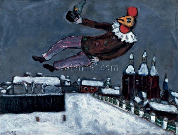 Marc Chagall Rooster Man Above Vitebsk – Naïve Art Cityscape, Oil on Canvas