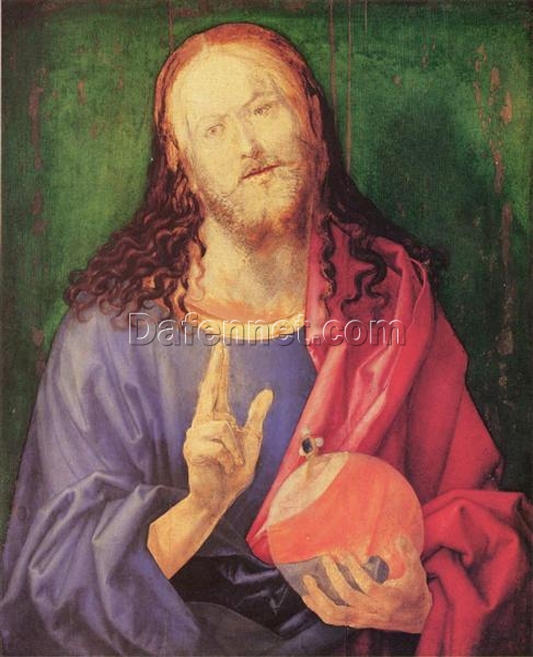 Hand-Painted Albrecht Dürer “Salvator Mundi” Oil Painting – Northern Renaissance Religious Reproduction by Da Fen Oil Painting Village Studio