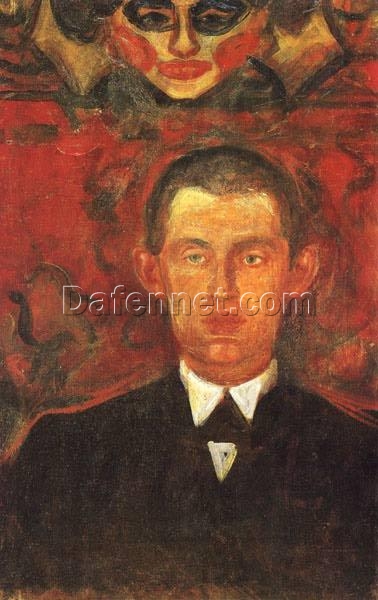 Hand-Painted Edvard Munch “Self-Portrait Beneath Woman’s Mask” Oil Painting – Expressionism Reproduction by Da Fen Oil Painting Village Studio