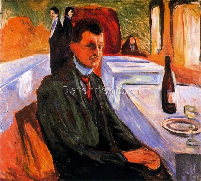 Custom Oil Painting Inspired by Edvard Munch’s Self-Portrait with Bottle of Wine – Hand-Painted Reproduction from DaFen Village Studio | Expressionist Art for Home and Office Décor