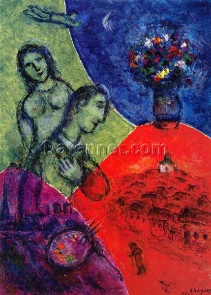 Hand-Painted Marc Chagall “Self Portrait with Bouquet” Oil Painting – Surrealist Self-Portrait Reproduction by Da Fen Oil Painting Village Studio