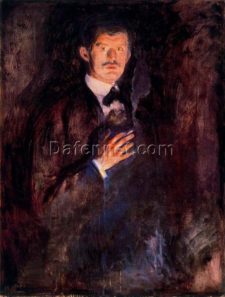 Expressionist Self-Portrait Inspired by Edvard Munch – Self-Portrait with Burning Cigarette, 1895 – Da Fen Village Studio Oil on Canvas for Modern Home & Art Collection