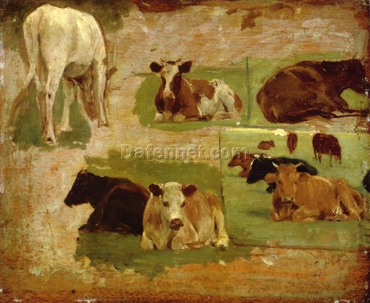 Study of Cows by Eugene Boudin – c.1860 Realism Sketch and Study Oil Painting, Custom Art from Dafen Oil Painting Village Studio