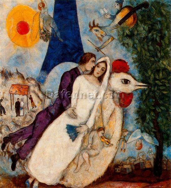 Hand-Painted Oil Painting Inspired by Marc Chagall’s ‘The Betrothed and Eiffel Tower’ – High-Quality Reproduction by Da Fen Oil Painting Village Studio