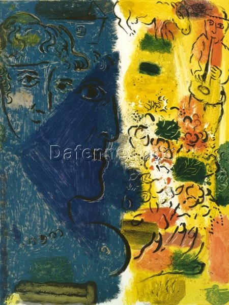 Marc Chagall The Blue Face – 1967 Naïve Art Portrait Oil Painting, Blue Themed Artwork, Private Collection