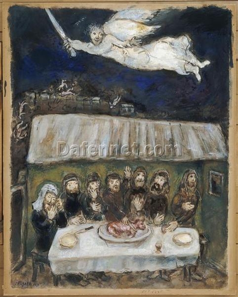 Marc Chagall The Israelites Eating the Passover Lamb – 1931 Naïve Art Gouache & Oil on Paper, 62.5 x 49 cm