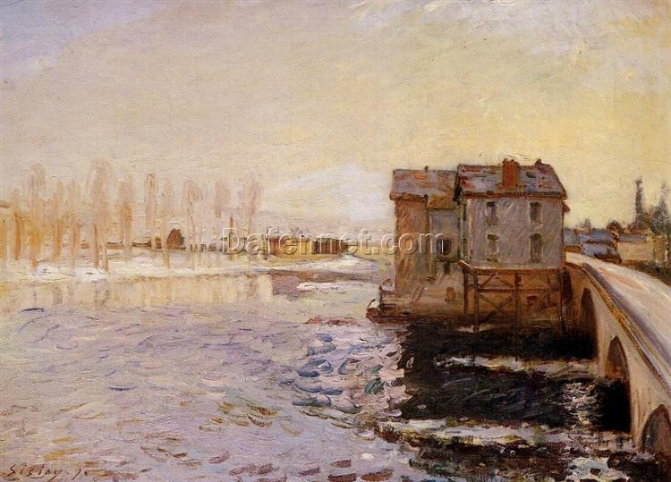 The Moret Bridge and Mills under Snow by Alfred Sisley – 1890 Impressionist Landscape Oil Painting, Custom Art from Dafen Oil Painting Village Studio