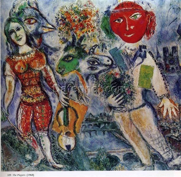 Marc Chagall The Players – 1968 Surrealism Oil Painting, Private Collection