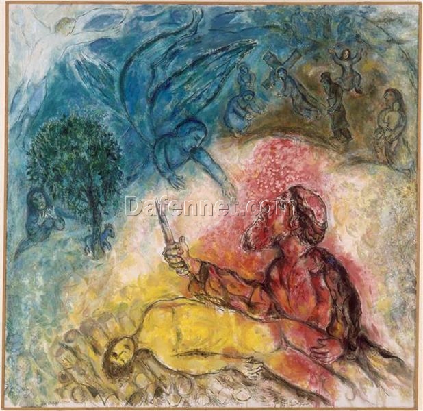 Marc Chagall The Sacrifice of Isaac – 1966 Naïve Art Oil Painting, Religious Artwork, Iconic Biblical Scene