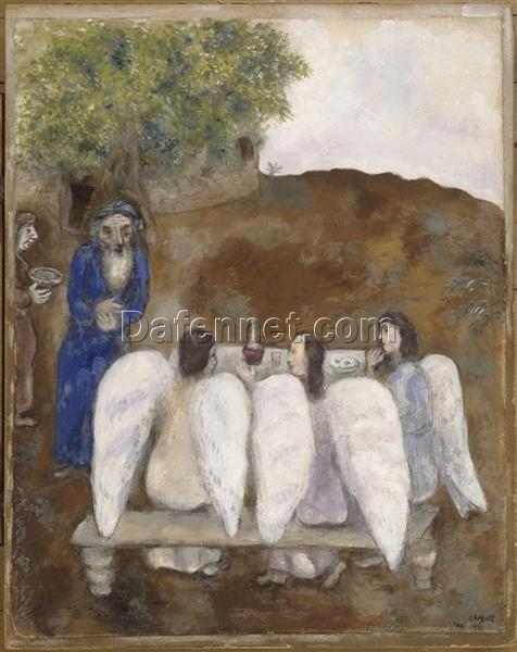 Marc Chagall Three Angels Visit Abraham (Les trois anges reçus par Abraham) – 1931 Naïve Art Gouache and Oil on Paper, 62.5 x 49 cm