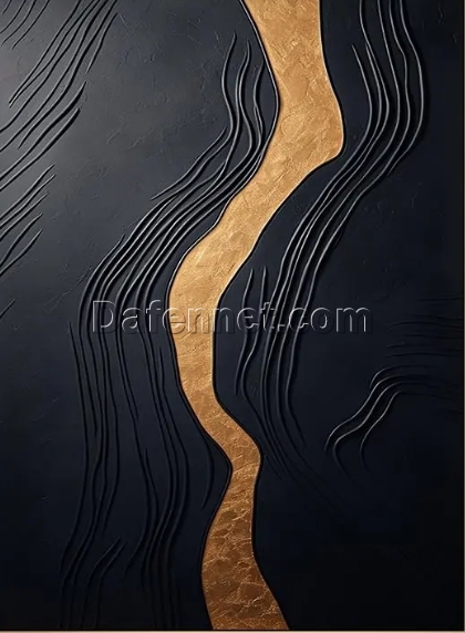 Custom Stylish Black Wall Art – Large Abstract Black Minimalist Painting with Brown Textured Canvas for Modern Home and Hotel Decoration | Dafen Oil Painting Village Studio