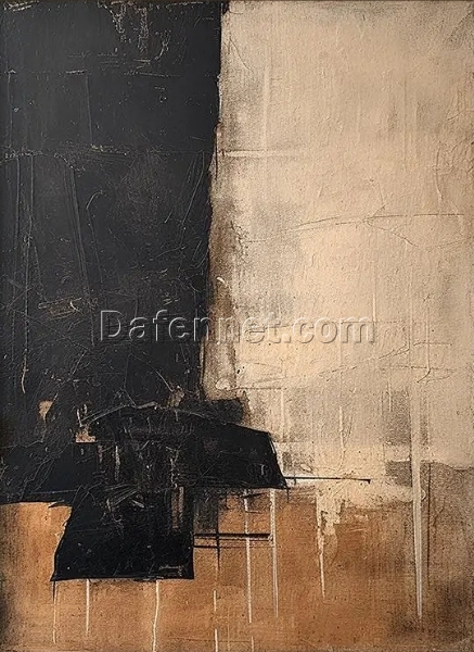 Custom Large Black Abstract Minimalist Oil Painting – Beige and Brown Textured Modern Art for Contemporary Living Room and Hotel Decoration | Dafen Oil Painting Village Studio