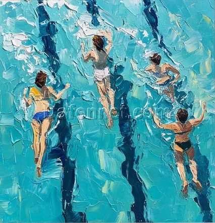 Custom Blue Textured Swimming Pool Art – Minimalist Swimmer Painting, Blue Texture Art for Modern Summer Wall Decoration, Stylish Gift Artwork | Dafen Oil Painting Village Studio