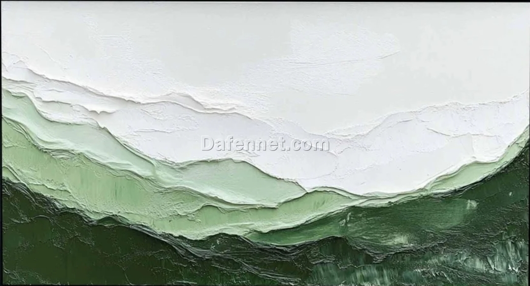 Custom Large Green Textured Canvas Art – Green Minimalist Mountain Painting with Green and White Abstract Design, Scandinavian Style Art for Modern Home and Hotel Decoration | Dafen Oil Painting Village Studio