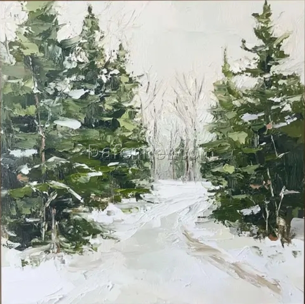 Custom Winter Scene Painting – Forest Road Snow Landscape Art with White Textured Painting and Green Pine Trees, Large Textured Wall Art for Christmas and Holiday Decoration | Dafen Oil Painting Village Studio