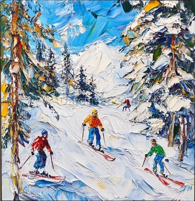 Skiing Sports Art – 3D Textured Oil Painting on Canvas with White Skiers for Ski Lovers