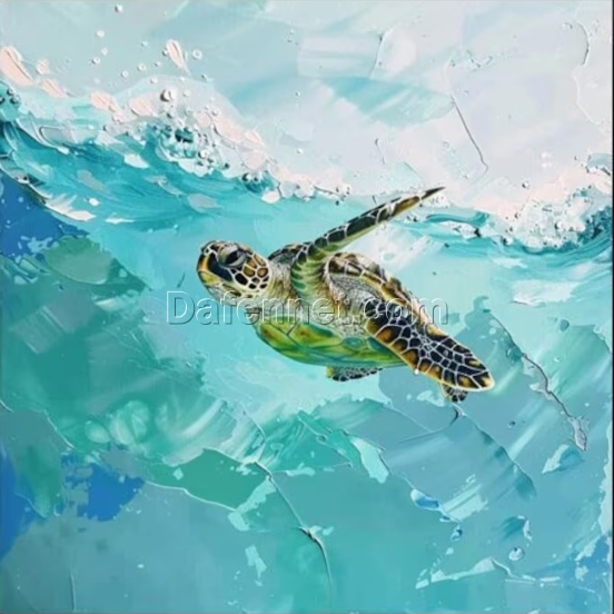 Serene Sea Turtle Oil Painting – Abstract Green Ocean and Clear Sky Canvas Art for Dining Room Décor