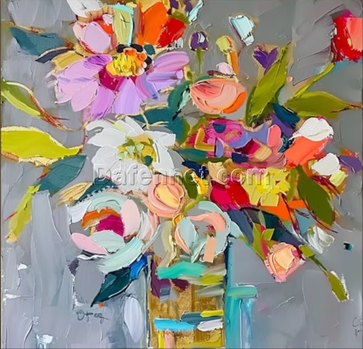 Abstract Floral Oil Painting – Vibrant Multicolor Flowers in Vase for Living Room and Dining Room Décor