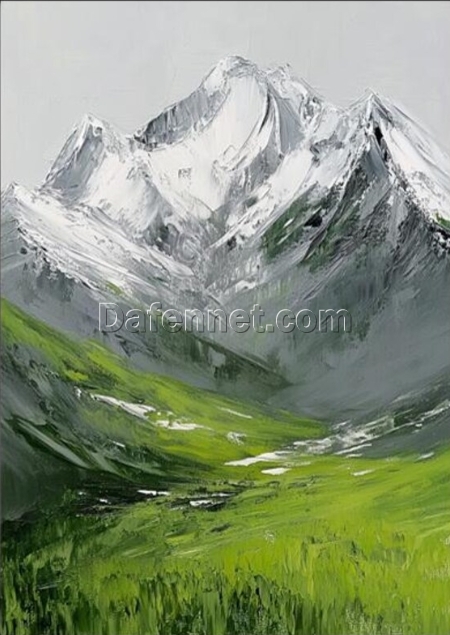 Hand-Painted Abstract Snow Mountain Oil Painting – Green Meadow Minimalist Wall Art for Living Room Décor