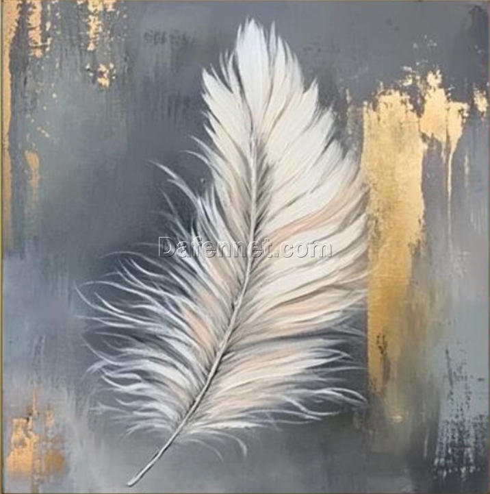 Hand-Painted Abstract Gold Feather Oil Painting – Minimalist Modern Wall Art for Living Room and Dining Room