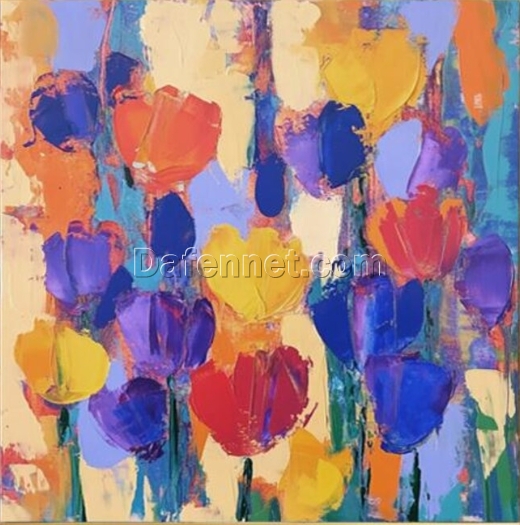 Multicolored Tulip Oil Painting – Abstract Floral Canvas Art for Contemporary Living Room and Dining Room