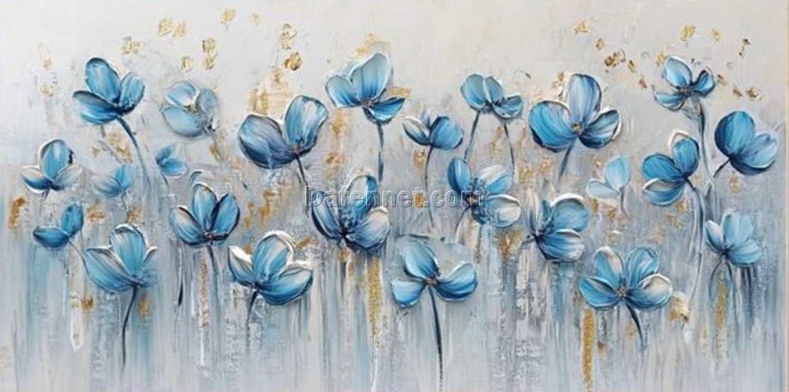 Hand-Painted Blue Flower Oil Painting with Gold Accents – Textured Modern Minimalist Art for Living Room and Entryway