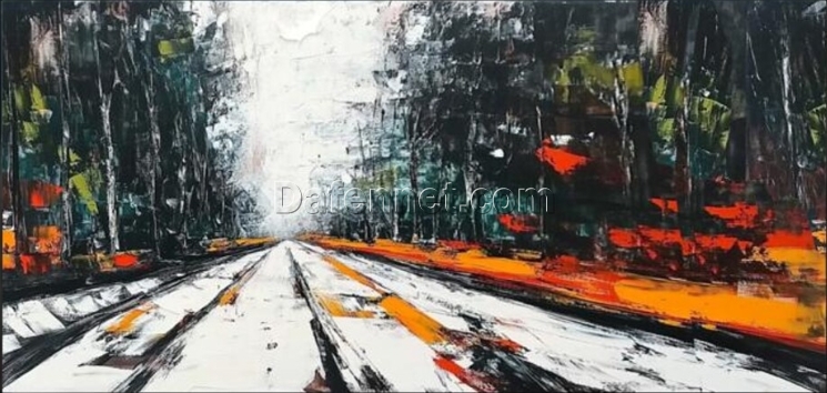 Hand-Painted Abstract Road and Forest Oil Painting – Minimalist Modern Wall Art for Living Room and Entryway