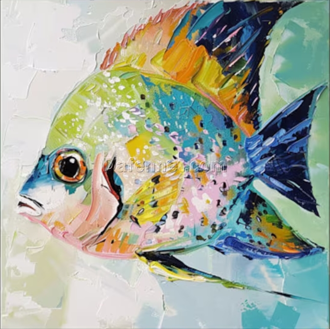 Colorful Tropical Fish Oil Painting – Textured Layered Art for Living Room and Dining Room Walls