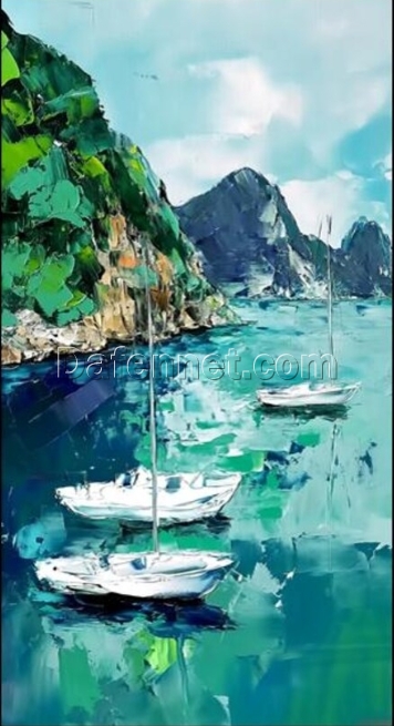 Landscape Oil Painting – Turquoise Lake, Green Mountains, and White Boat for Living Room Décor