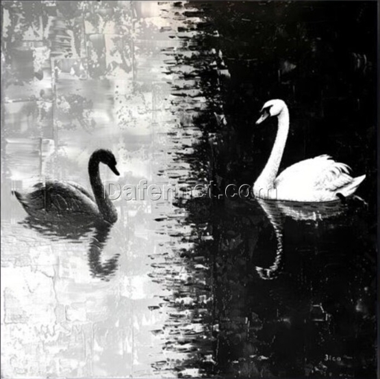 Swan Lake Oil Painting – White Swan on Black and White Background with 3D Textured Wall Art for Living Room