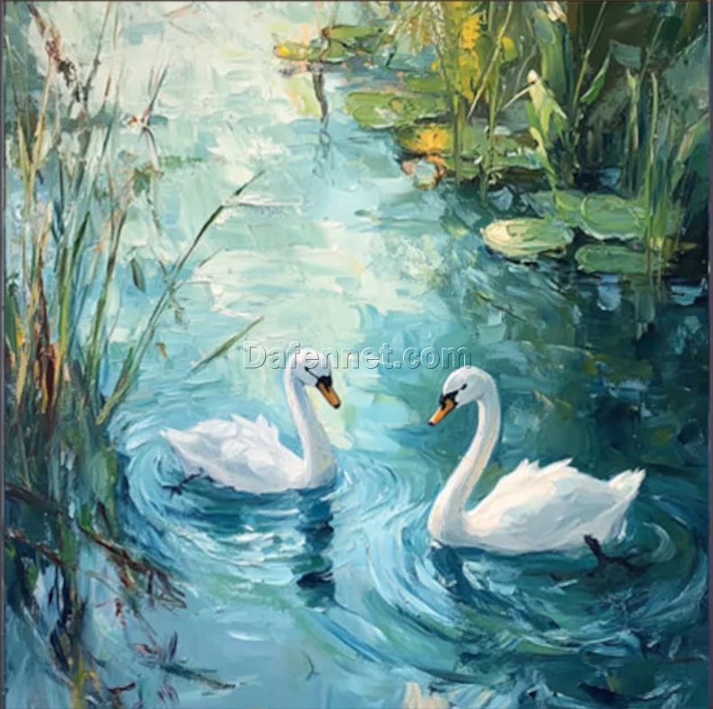 Textured Abstract Oil Painting – Swan and Blue-Green Water Art for Living Room and Entryway Décor