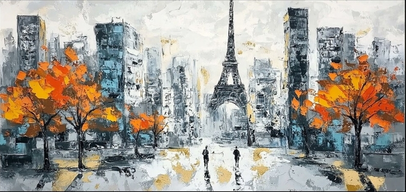 Eiffel Tower Cityscape Oil Painting – Morning Textures and Layered Abstract Art for Stylish Entryway